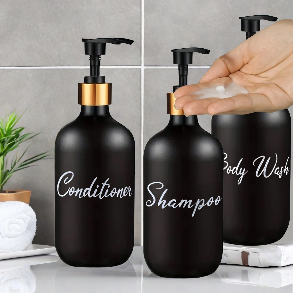 3Pcs Black Shampoo and Conditioner Bottle Dispenser Matte Lotion Body wash Dispenser for Bathroom Shower