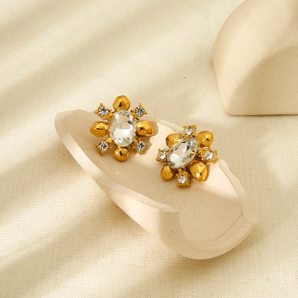 Luxury Bling White Rhinestone Stainless Steel Flower Stud Earrings Gold Color Temperament Metal Waterproof Jewelry for Women