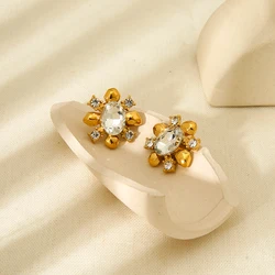 Luxury Bling White Rhinestone Stainless Steel Flower Stud Earrings Gold Color Temperament Metal Waterproof Jewelry for Women
