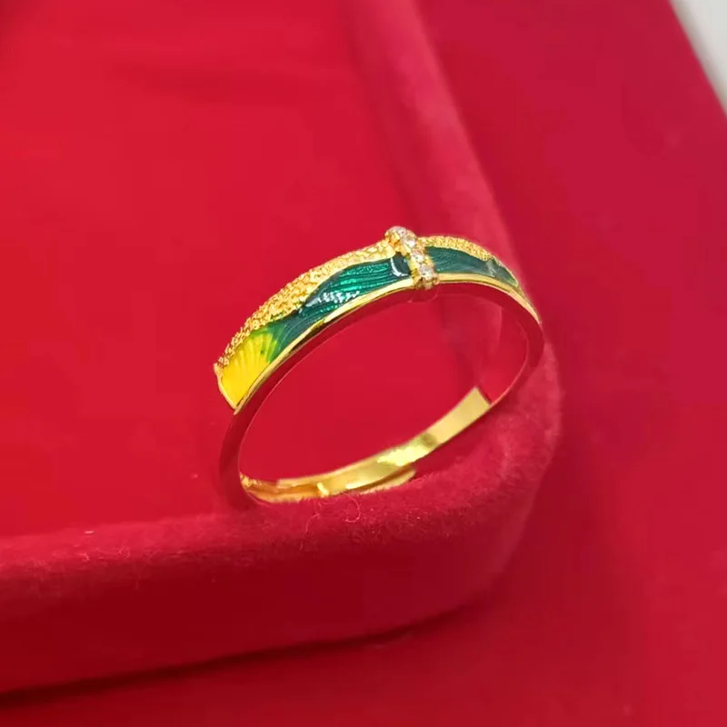 9999 Gold Ring, Mountain and River Couple's Matching Rings, Traditional Cloisonn with Diamond Accents