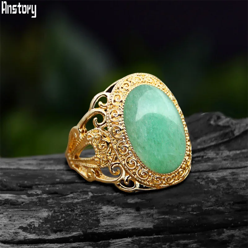 Fashion Oval Natural Quartz Jades Rings For Women Gold Color Flower Natural Stone Fashion Women Ring