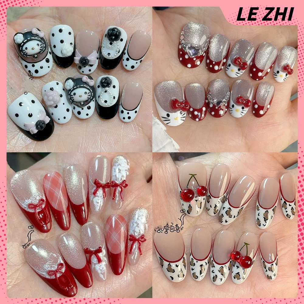 

Gentle Sweet Sanrio Hello Kitty Shining Cat Eyes French Handmade Wearable Fake Nails Diamond Polka Dot Bow Pearl Press On Nails