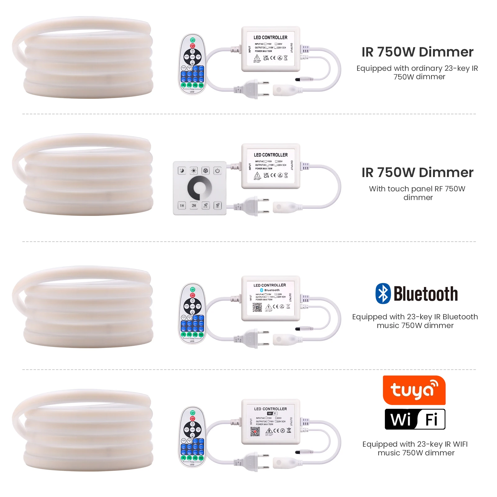 220V COB Neon LED Strip Light 288LEDs/M Remote/Bluetooth/Wifi/Touch Panel Control Flexible COB Strip Light Dimmable Led Ribbon