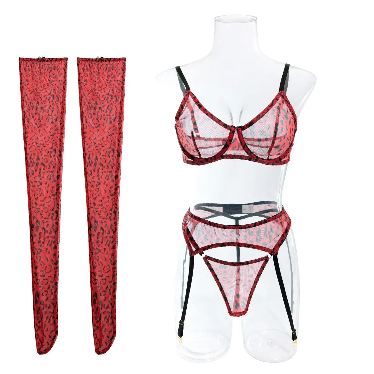 

Sexy Mesh Leopard Pattern Print Lingerie Women's Perspective Silk Socks Underwear Female Red Exotic Apparel Suit Four Pieces Set