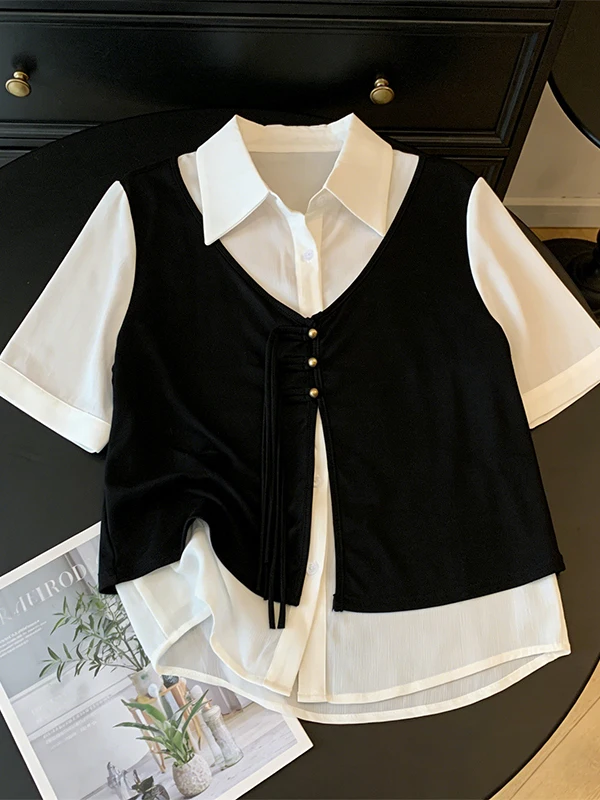 

Женская модная рубашка больших размеров с коротким рукавом, цветными блоками, в корейском стиле, для повседневной носки, приталенного кроя