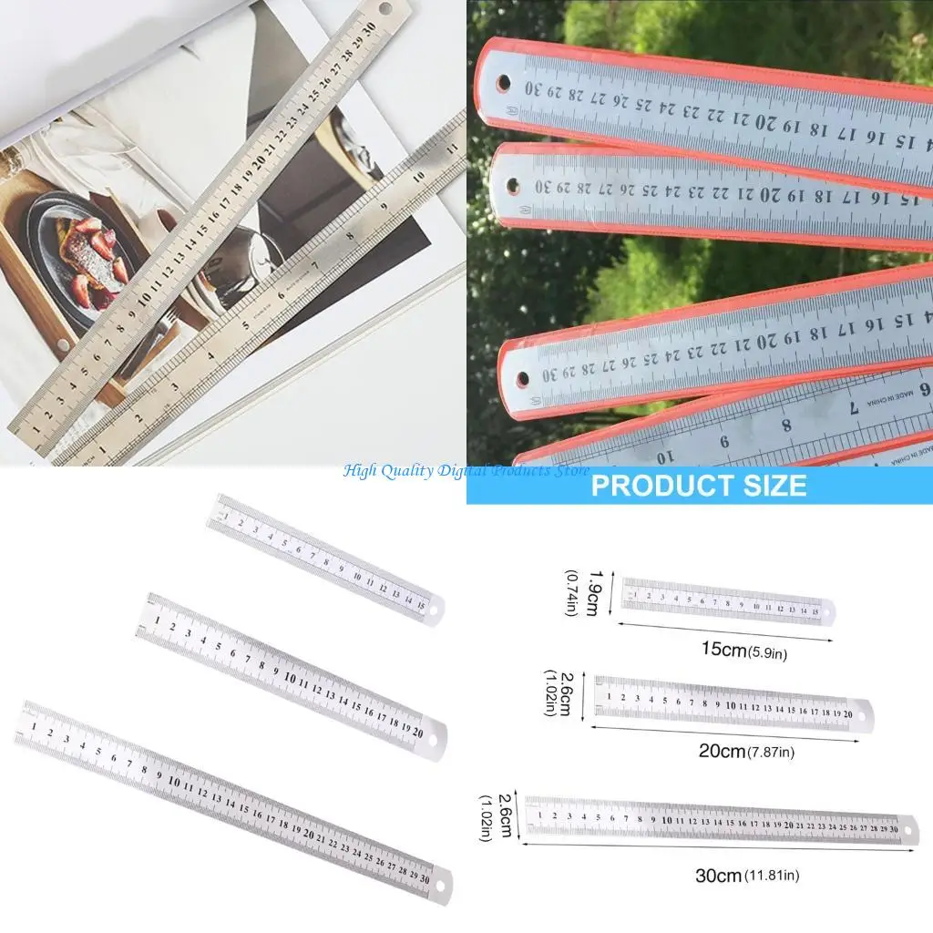 U2JE 3 Pcs Stainless Steel Rulers Metal Ruler Set 15/20/30cm Double-Sided Measuring Tool for Engineering Teaching