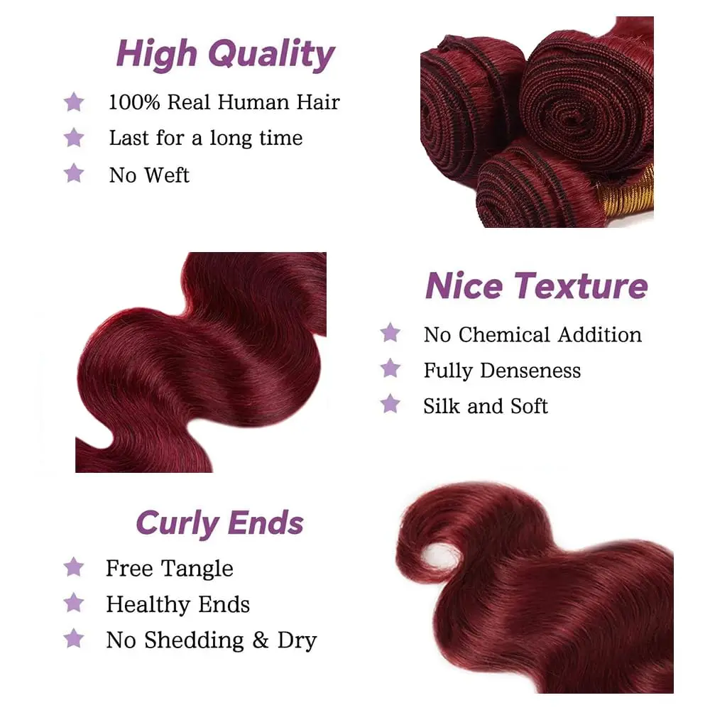 16A 99J Burgundy Body Wave Human Hair Bundles 34 Inch Brazilian 100% Rambut Asli Manusia Tanpa Proses Remy Hair 1/3/4 Bundles Extensions