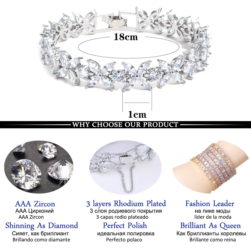 Fashion White Marquise Cut Cubic Zircon Chain & Link Bracelets Bangles Flower Bridal Wedding Jewelry for Women