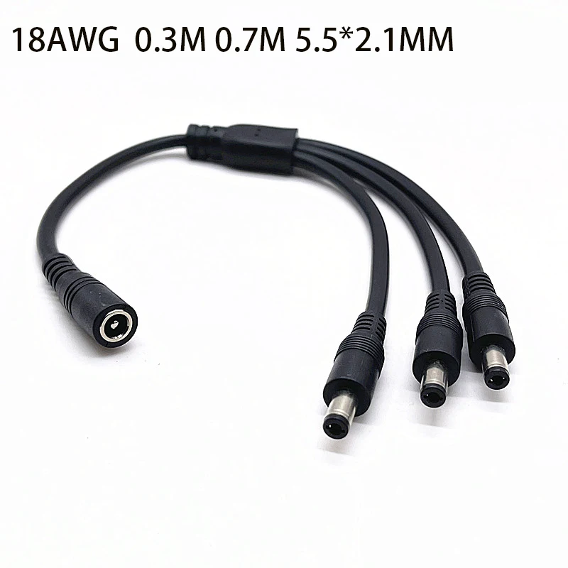 All Copper DC5.5*2.1mm Splitter Cord Monitoring Power Cable 12V LED 1 Female to 3 male 0.3M 0.7M 10A  18AWG