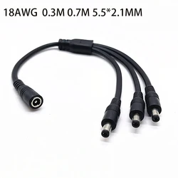 All Copper DC5.5*2.1mm Splitter Cord Monitoring Power Cable 12V LED 1 Female to 3 male 0.3M 0.7M 10A 18AWG