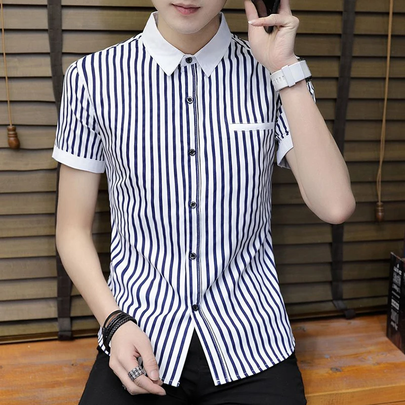 

Fashion Lapel Button Spliced Printed Striped Shirts Men's Clothing 2024 Summer New Loose Casual Tops All-match Business Shirt