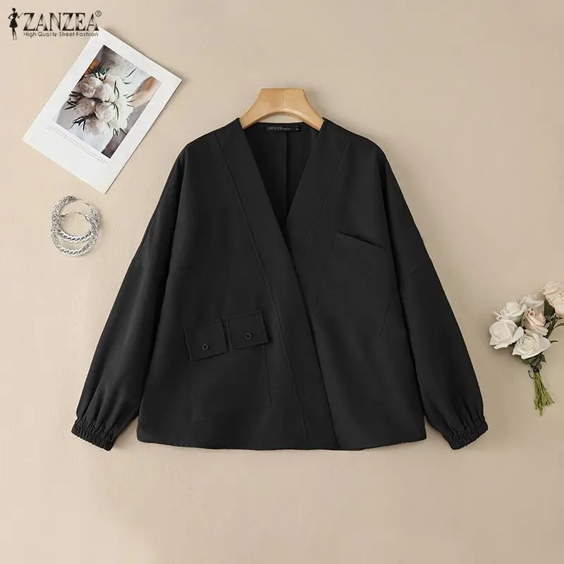 

ZANZEA Women's Casual Chic Hidden Button Cardigans V-Neck Long Sleeve Cargo Pockets Solid Color Kimono Tops Woman Outerwear 3XL
