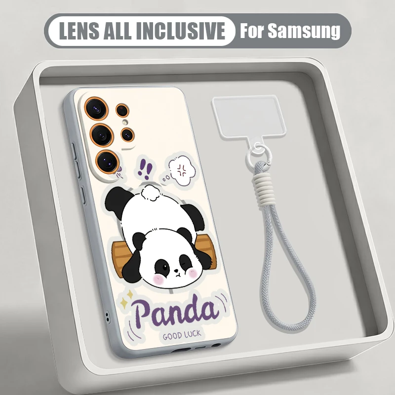 Wrist Lanyard Magnetic Case For Samsung Galaxy S26 S25 Ultra S24 S23 FE A57 A17 A56 A37 A16 A36 A26 Cute Panda Print Phone Cover