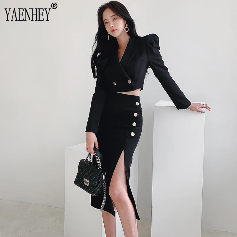 Sexy 2 Piece Outfit Short Set Women Korean Fashion Elegant Ladies Clothes Cropped Suit Blazer Coat High Waist Slit Skirt Autumn