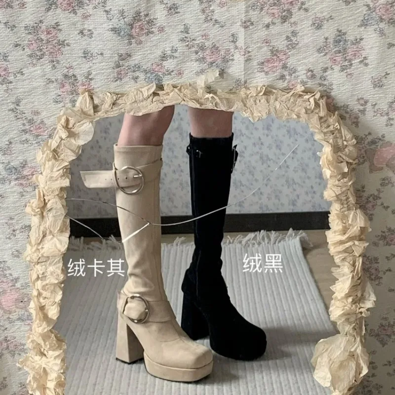 منصة زائد المخملية حزام القوس المرأة 2025 جديد كل مباراة الخريف والشتاء أحذية قطنية خارجية أحذية دافئة حتى الركبة #5