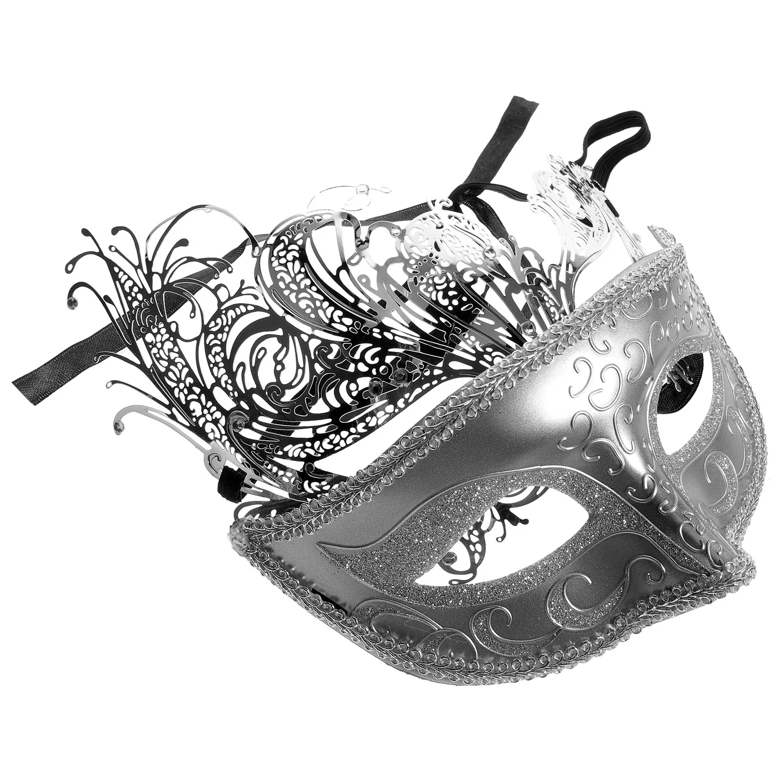 2Pcs Metal Mask Masquerade Rhinestone Comfortable Breathable Festival Couple Costume Party Prop Cosplay Mask Party Prop