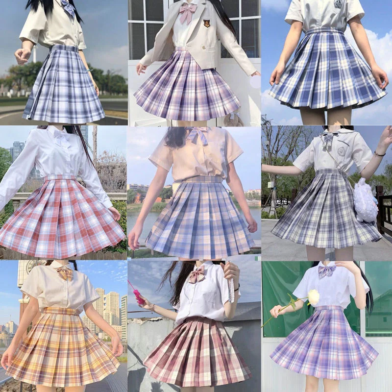 Japanese School Girl Uniform Pleated Skirts Street Fashion Hight Waist A-Line Plaid JK Short Skirt Ice Cream Color Summer Wear