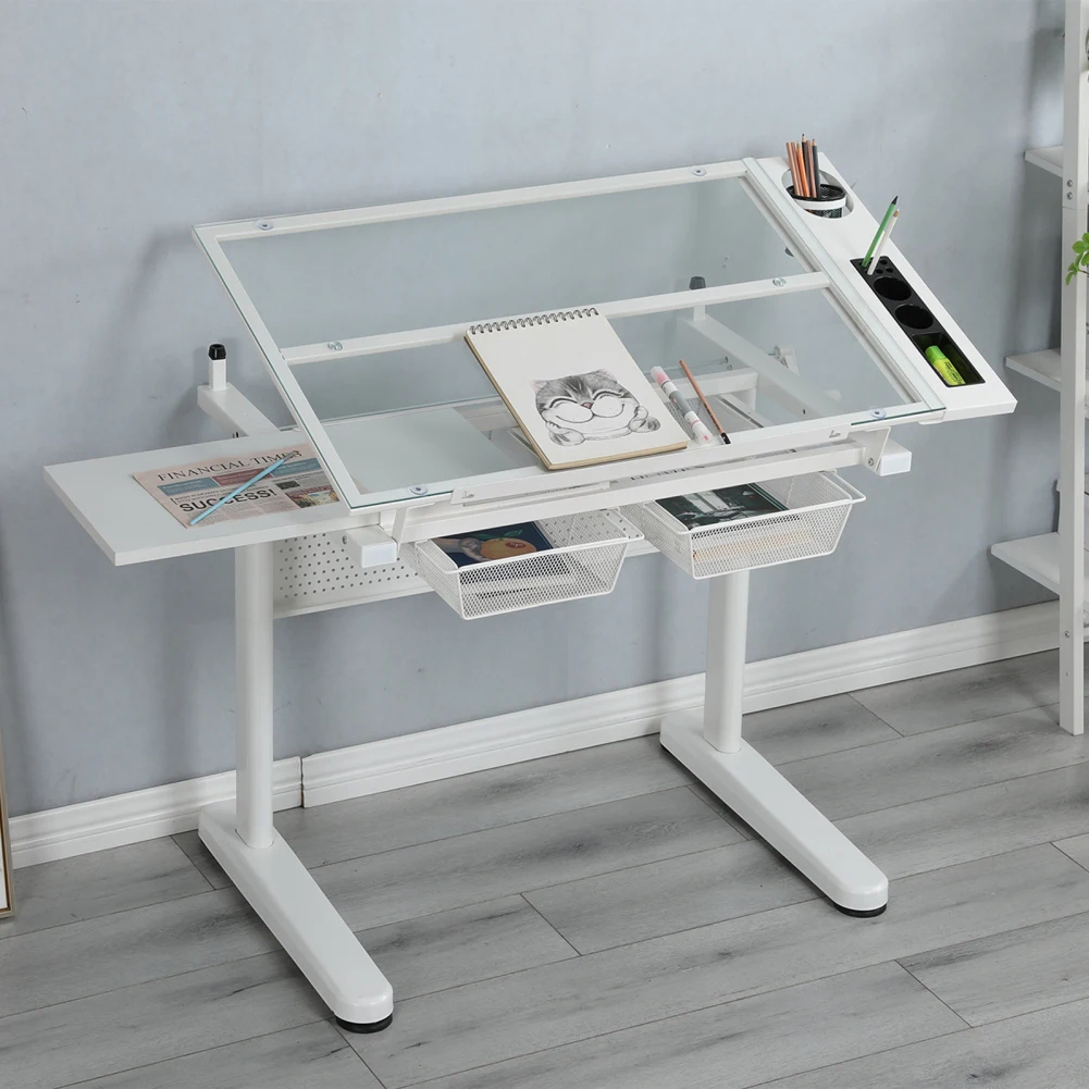 Drawing Desk Hand Crank Adjustable Drafting Table With Stool 2 Metal Drawers Tiltable Tabletop For Painting Writing