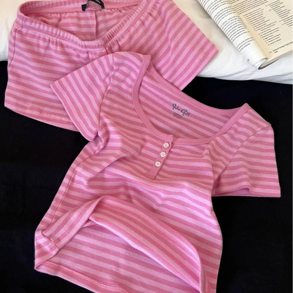 Pink Striped Short Sleeve T-shirt Shorts Set Women's Summer Camisole Suit Casual Cute Pajama Home Outfit Matching Two Piece Set view 4