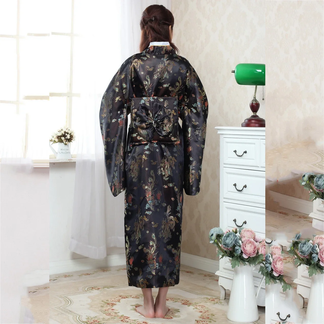 تأثيري حلي التنين فينيكس ثوب الكيمونو الياباني التقليدي خمر المرأة يوكاتا الوطنية زي الجيشا أداء اللباس