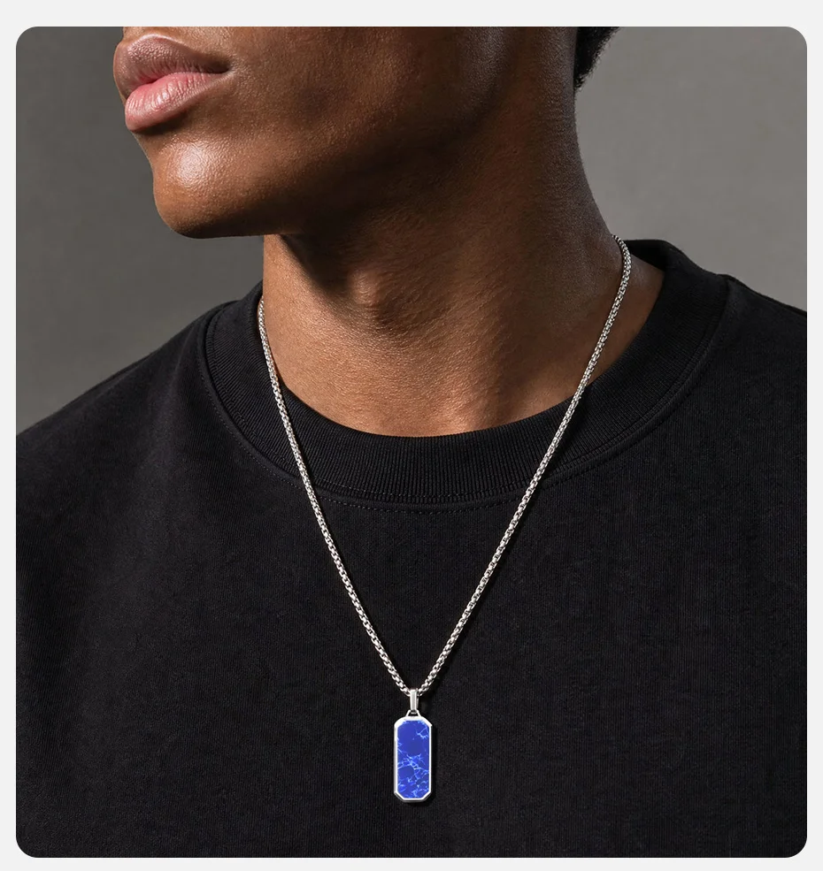 Vnox Herren Edelstahl Halskette mit Boxkette und Hundemarken-Anhänger, Tigerauge, Türkis, Sodalith, schwarze Emaille, geometrischer Schmuck, Geschenk – Detail 2