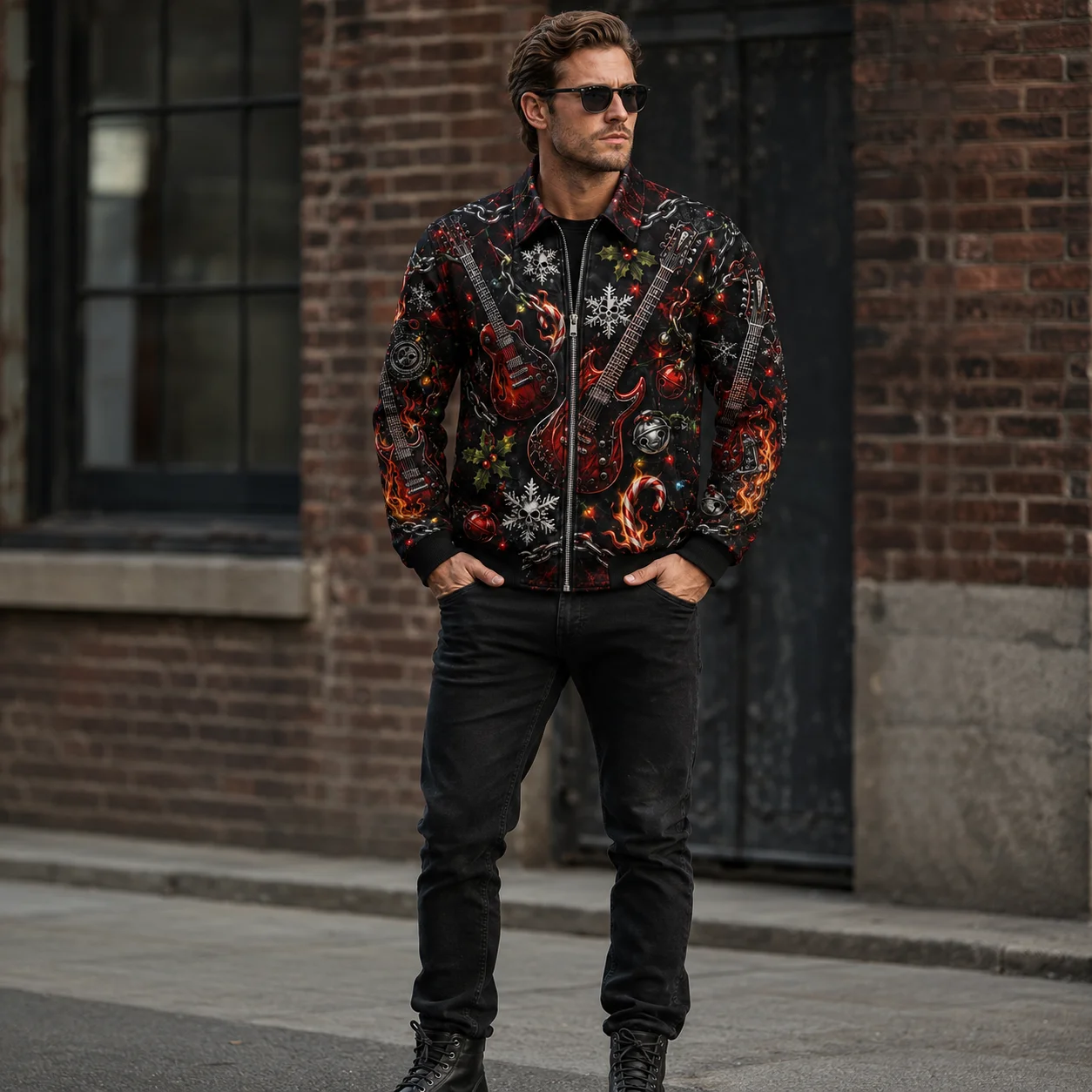 New  Rock Christmas 3D Print Jacket Guitar Santa Motorcycle Graphic Jackets Holiday Biker Coat Zip Up Punk Streetwear Christmas