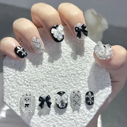 10 PCS Sheer Lace Bear Nail Art Patches Dark Lolita Handmade Wearable Nails Removable Bow Diamond Glitter Sweet Cool Fake Nails