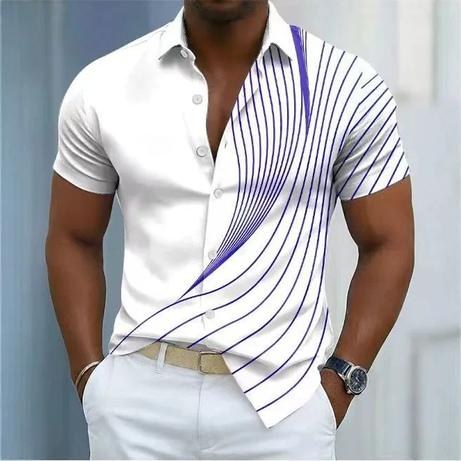 Fashion Curved Stripe Print Shirts For Men Casual Versatile Slim Fit Stretch Short Sleeve Shirt