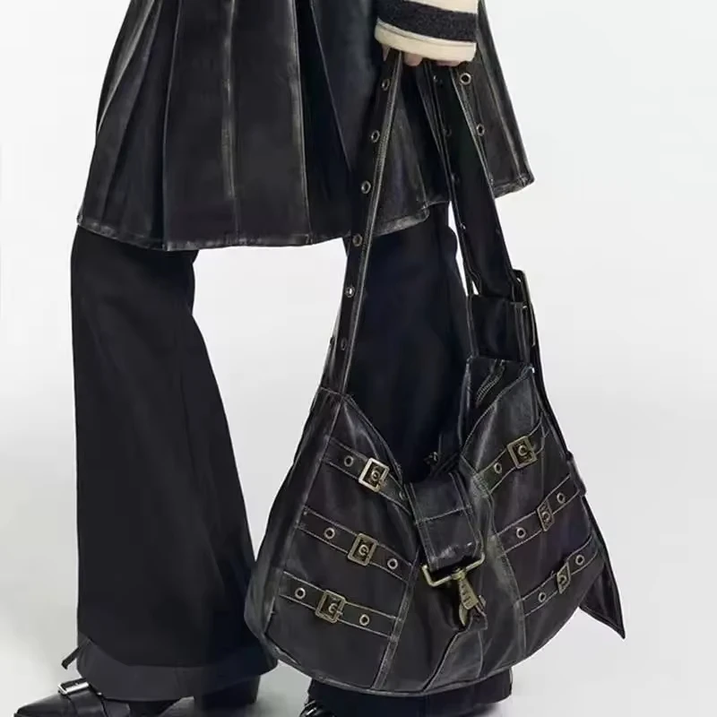 

American Retro Punk Pu Leather Handbag Metal Button Shoulder Bags Tote Woman Bag Large Capacity Commuting Storage Bag Purse
