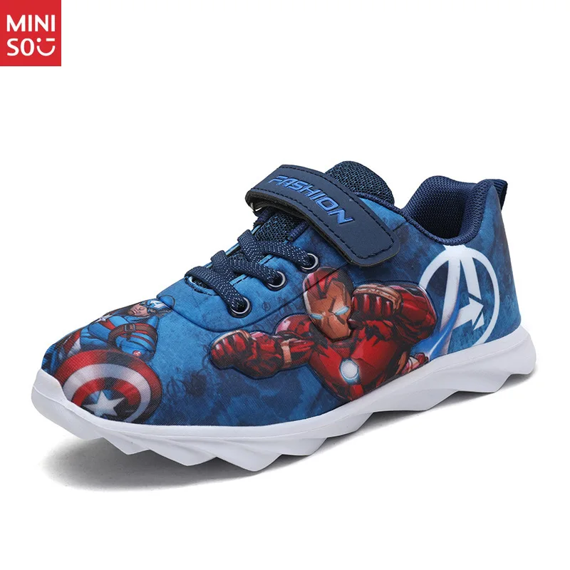 ミニソ 2025 ファッション漫画柄男の子用ランニングシューズ、通気性メッシュ軽量スニーカー（大きいお子様向け）