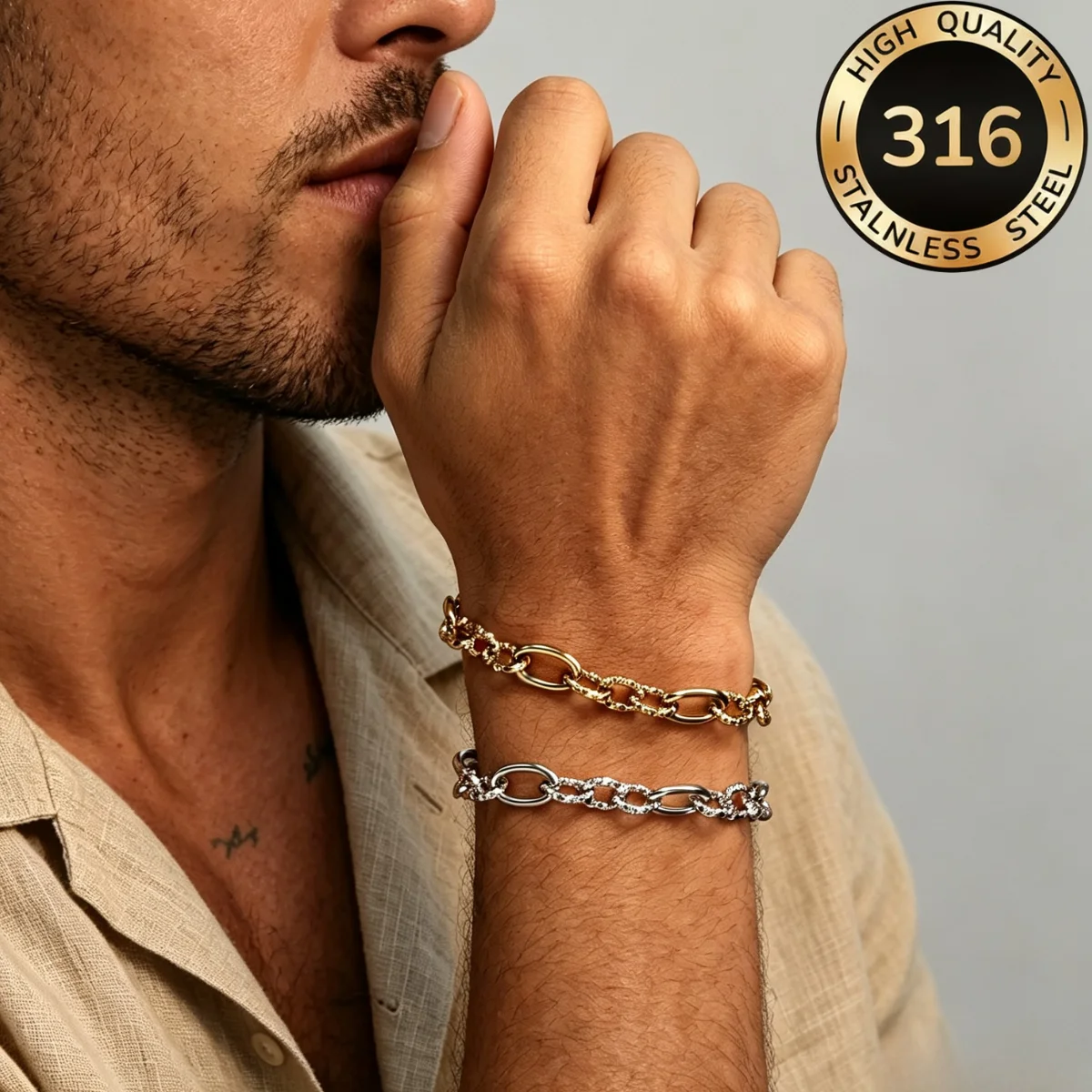 Massives ovales Rolo-Kettenarmband aus Edelstahl, wasserdicht, silberfarben, für Männer und Frauen, Hip-Hop-Rock-Chunky-Armbänder, Schmuck