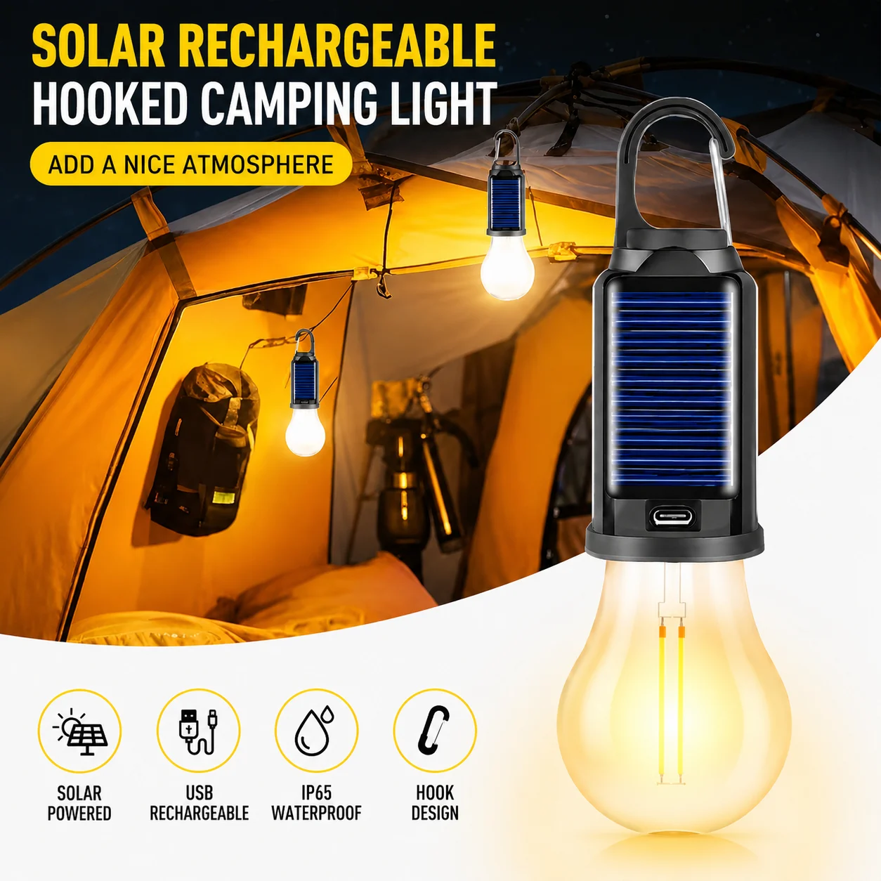 2/4/6/8 Packs Solar Camping Lanterns, Rechargeable Hanging LED Lights with Hooks, IP65 Waterproof Vintage Edison Bulb Lanterns for Outdoor Tent Camping, Patio, Garden, Emergency and Home Decor