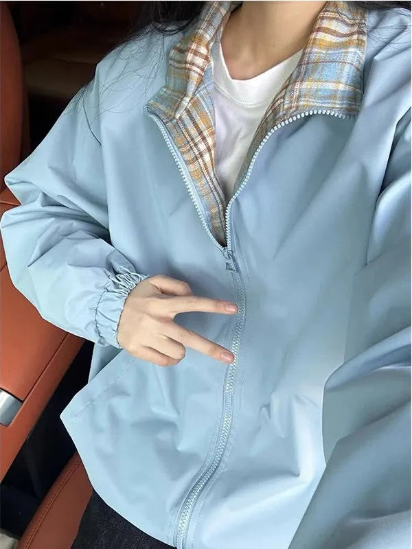 

Мужская куртка в стиле кэжуал синего цвета в клетку, с воротником-стойкой, в стиле американского бейсбола, свободного кроя