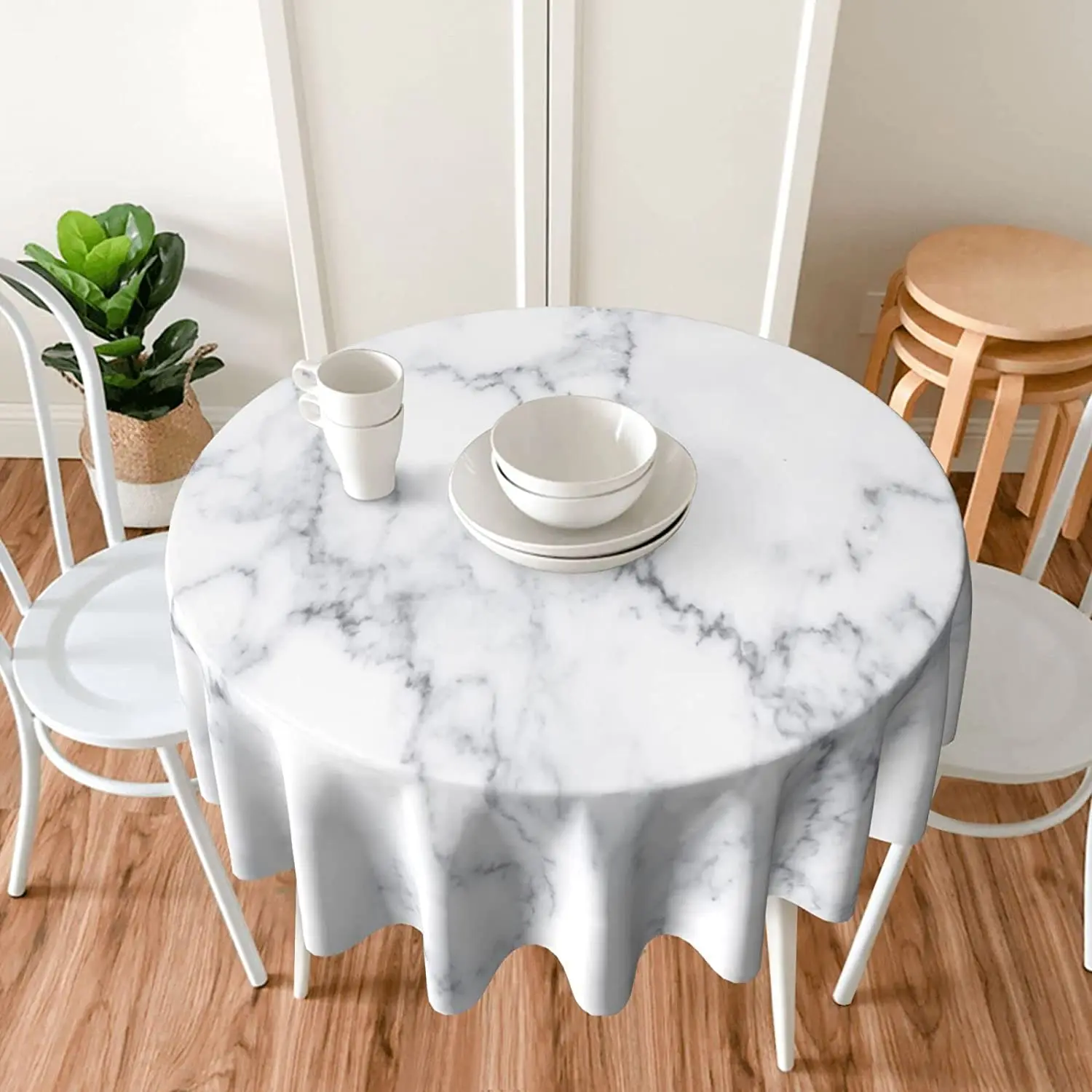White Marble Round Tablecloth 60 Inch Ruitic Black and Grey Table Cloth Waterproof Fabric Farmhouse Abstract Tablecloths Decor