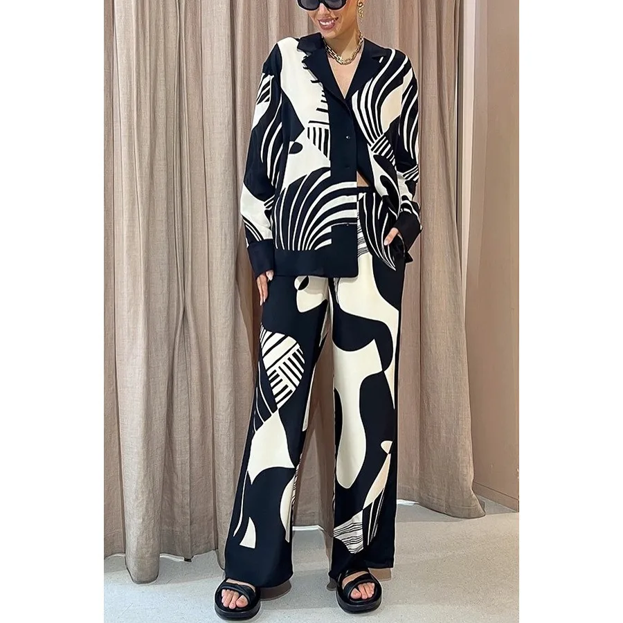 Autumn and winter new lapel casual printed long sleeved set INS loose pocket two-piece set for women traf pantalon zara