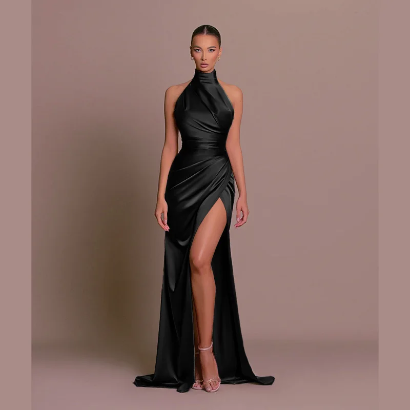 Vestido Maxi Halter de Satén Estilo Retro 2026, Elegante, con Cintura Ajustada, Abertura Alta, para Fiestas y Eventos Formales, Color Sólido, Minimalista, Falda Larga