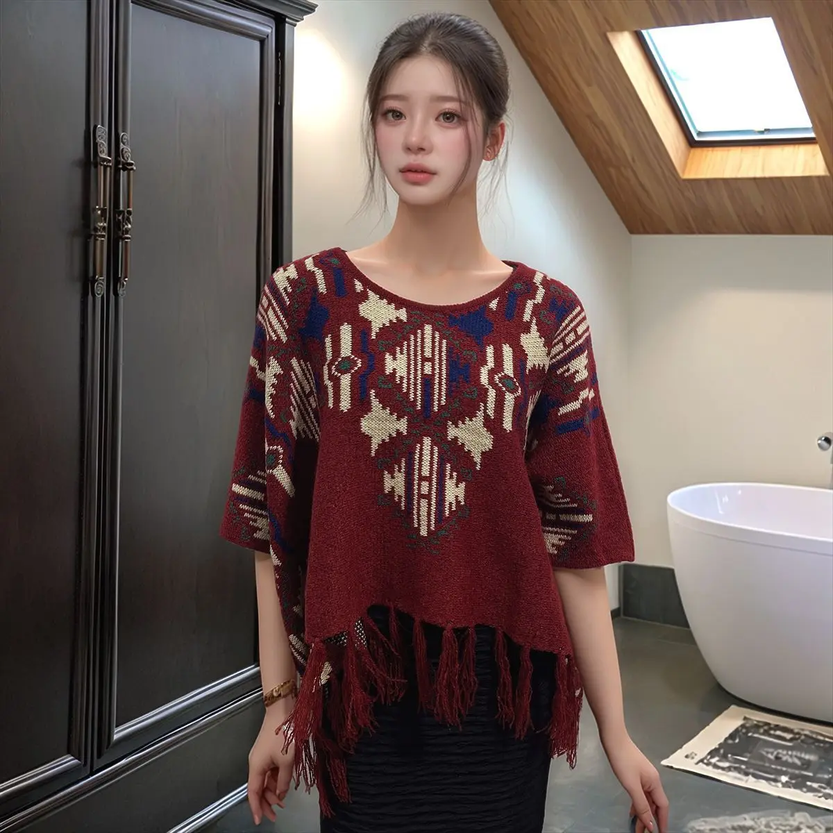 Spring  Autumn Poncho women's loose tassel pullover knitted cloak ethnic style short version cape shawl P1