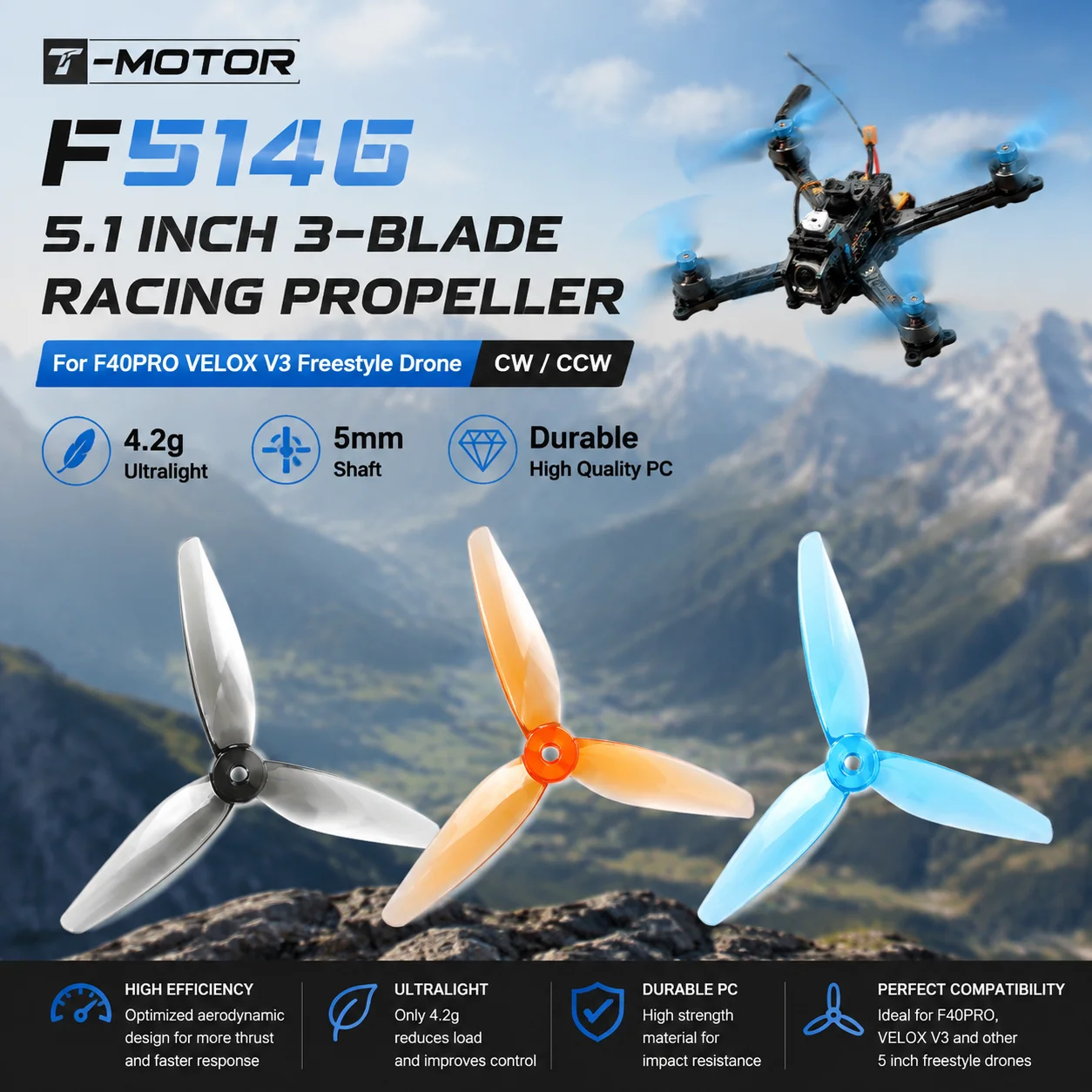 T-MOTOR F5146 5.1 Inch 3-Blade Racing Propeller 4.2g 5mm Shaft for F40PRO VELOX V3 Freestyle Drone CW CCW