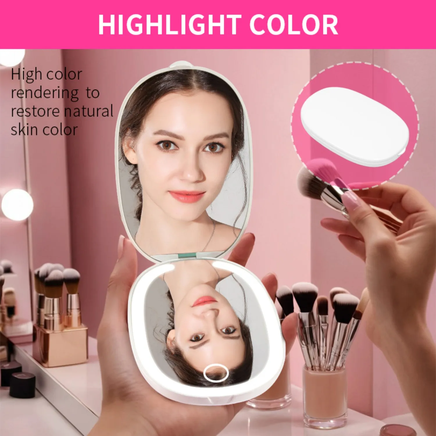 Miroir de maquillage LED pliable et compact, grossissement double face 3X, gradation tactile, portable rechargeable pour femme