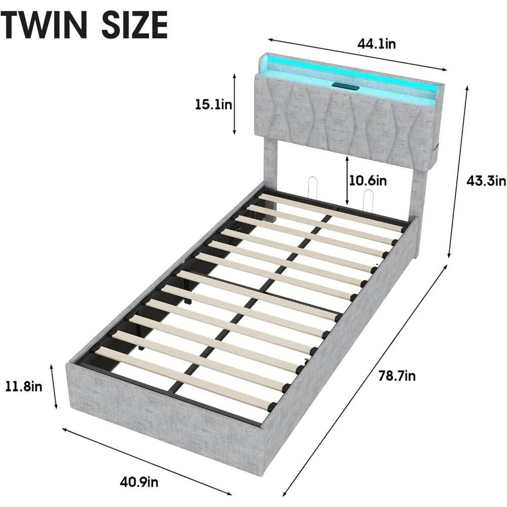 إطار سرير تخزين قابل للرفع مع لوح رأسي قابل للتعديل، محطة شحن، أضواء LED، شرائح خشبية، خالية من الضوضاء، بدون صندوق زنبركي