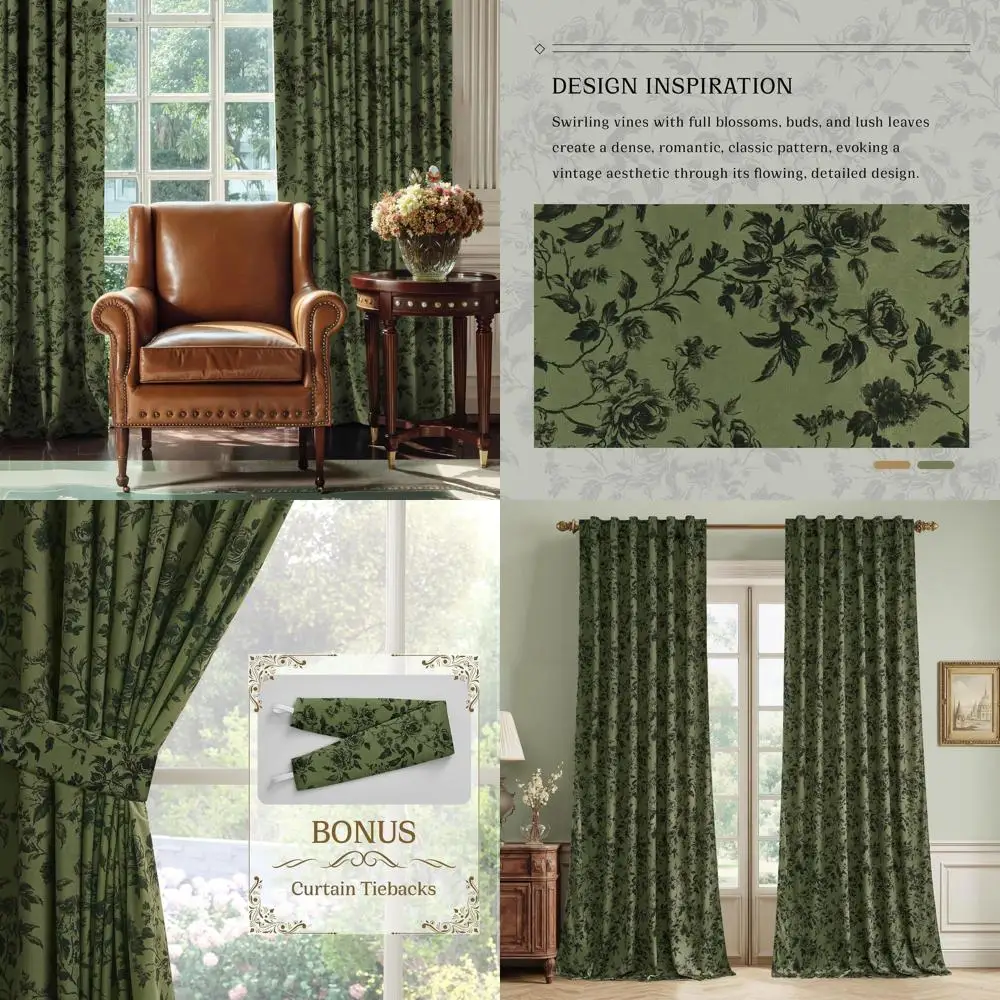 빈티지 플로럴 84 열 차단 올리브 그린 벨벳 커튼, 가정용, 50x84, 2패널 세트