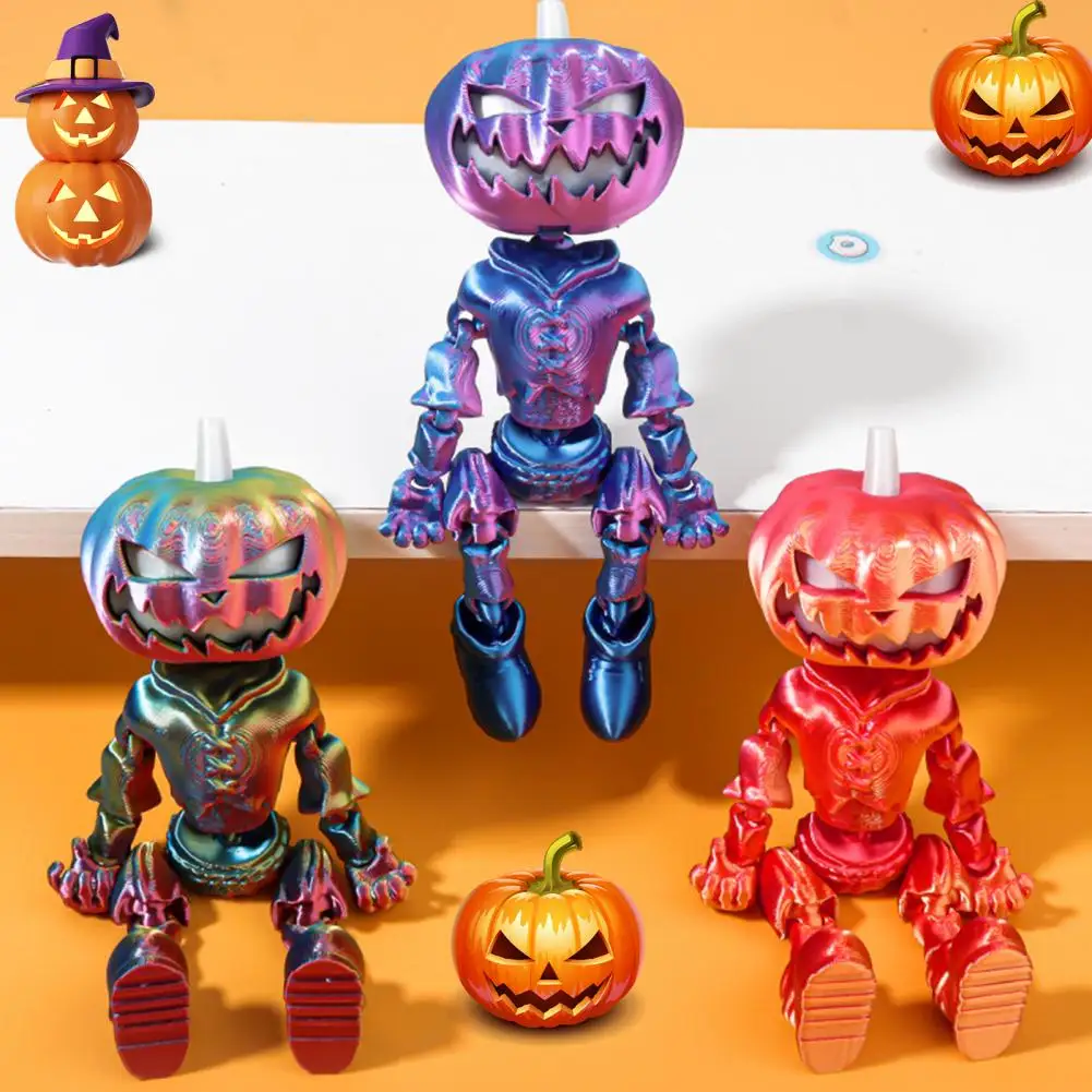 Halloween Pumpkin Man Figurine Movable Joints Pumpkin Action Figure Luminous Articulated Pumpkin Model Toy Desktop Decoration Or