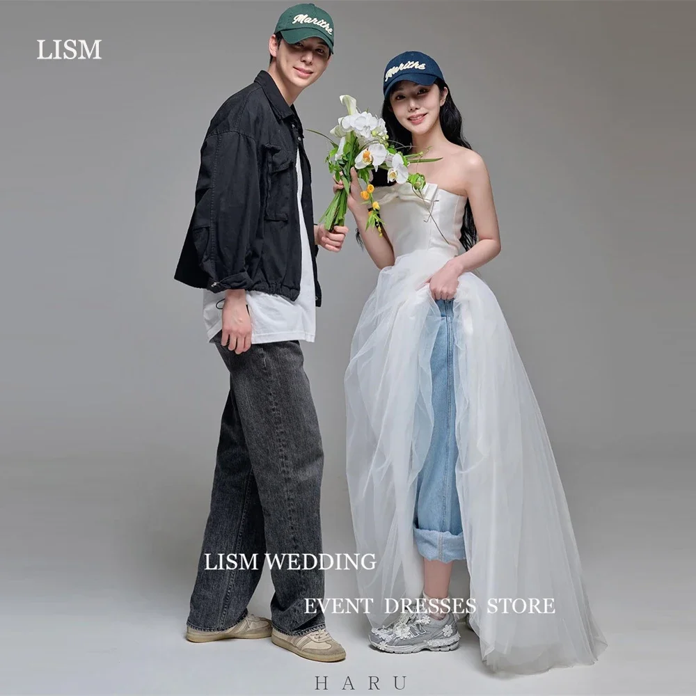 LISM-vestido de novia de corte en A, prenda de tul con lazo sin tirantes, longitud hasta el suelo, corsé, espalda, Corea