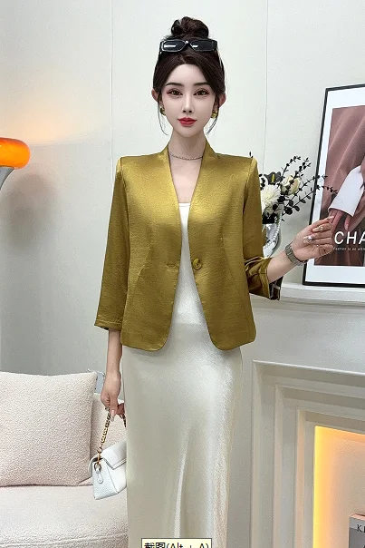 

Insozkdg Summer Suit Jacket Fashion Simple High-end Glossy Satin Short Suit Women Clothing Slim Fit Solid Color Blazer Women Top
