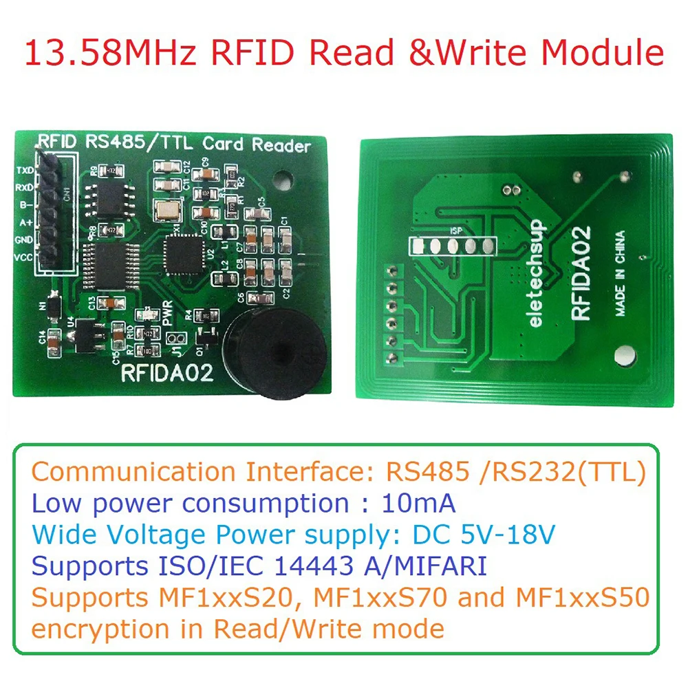 RFIDA02 RS485/RS232(TTL) UART 13.56MHz RFID UID IC Card Reader PCB DC5-18V