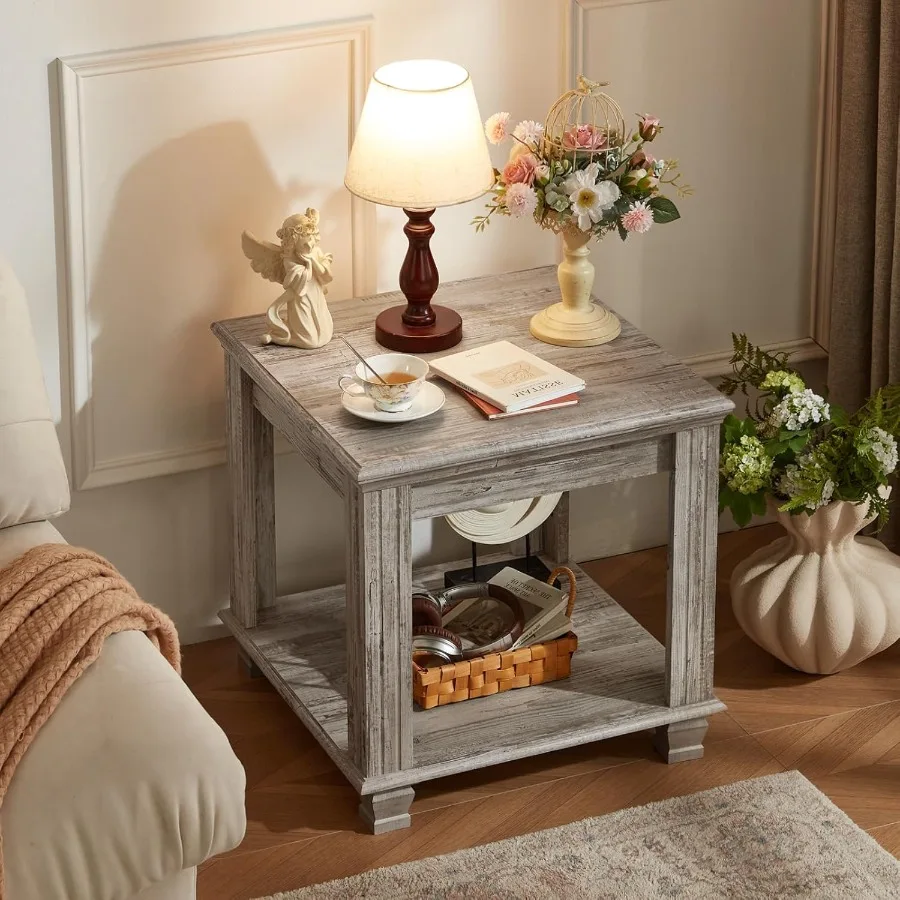 

Торцевой столик для фермерского дома, большой приставной столик с 2-уровневой полкой для хранения, деревянные торцевые столики в деревенском стиле для гостиной, квадратный чайный столик, серый