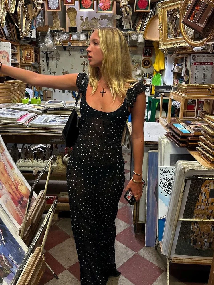 블라 폴카 도트 브라이드메이드 드레스 러플 밸 슬리밍 롱 스트랩 리포메이션 드레스 프렌치 스타일 봄 여름