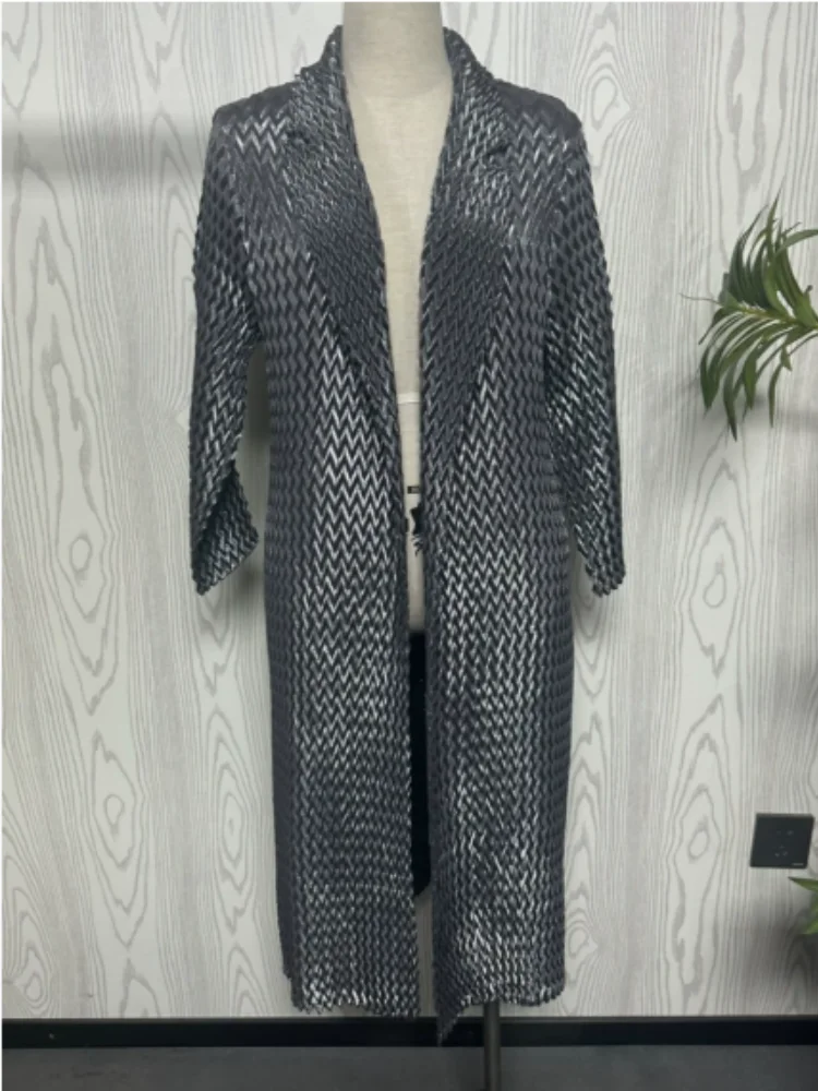 

miyake Pleated Lapel Trench Coat Women Solid Color Loose Fashion New 2025 Single Button Lady Versatile Long Windbreaker