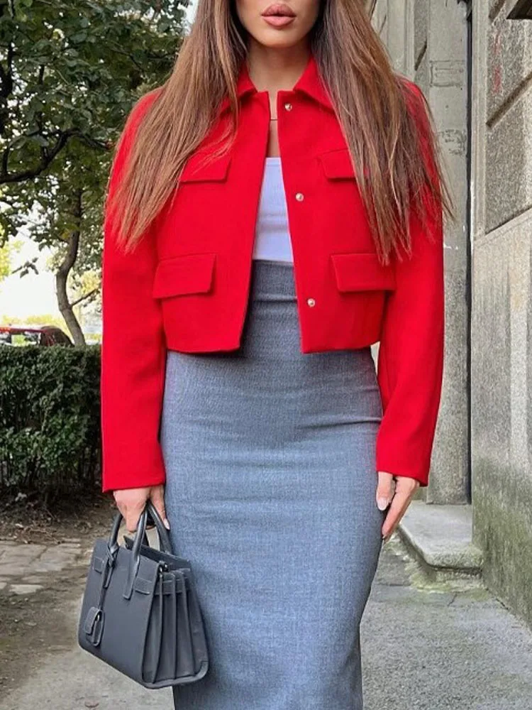 

Red Cropped Jackets Women Autumn Chic Turn Down Collar Blazer Office Lady Elegant Fashion High Street Single Breasted Outerwear