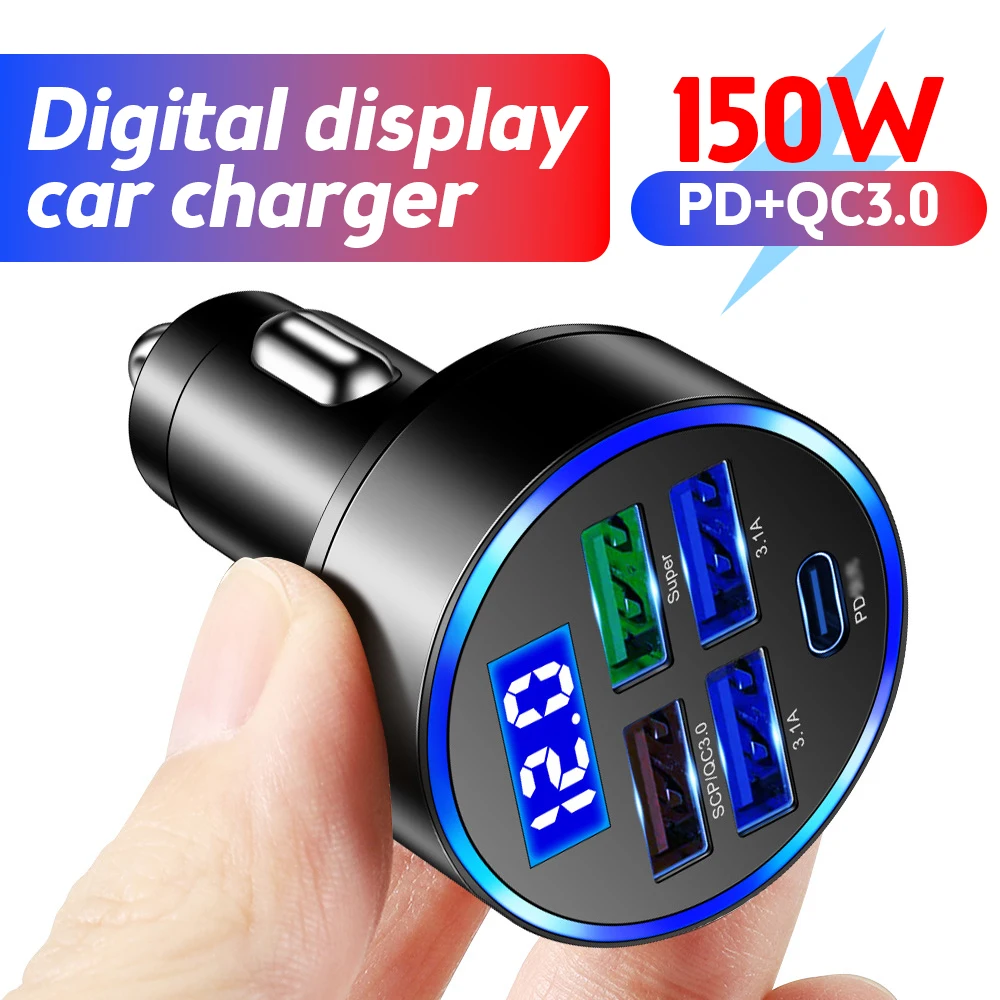 Imagem -02 - Carro Volt Medidor Portas Carregador de Carro Rápido Carregamento pd Qc3.0 Usb c Carregador de Telefone do Carro tipo c Adaptador para o Telefone Voltímetro 150w